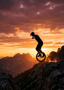 Unicyclist Jumping Over Mountain Sunset