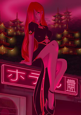 Anime Girl in Neon Pink Japanese Cityscape