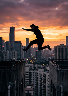 Parkour Jumper Over City Skyline
