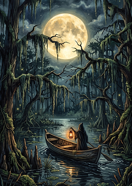 Grim Reaper Rowing Through Moonlit Swamp