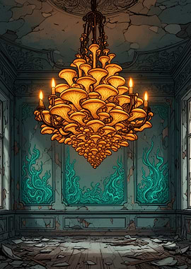 Surreal Mushroom Chandelier in Ruined Room