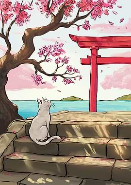 Cat Watching Cherry Blossoms by Torii Gate