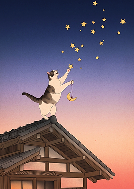Cat catching stars on roof