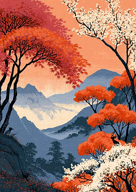 Japanese Landscape with Deer and Trees