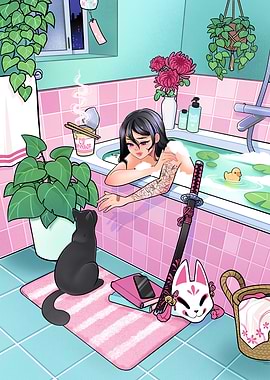 Anime Kitsune Girl Relaxing in Pink Bathroom