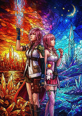 Lightning and Serah Stained Glass Art
