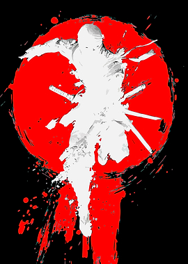 Abstract Ninja Silhouette with Red Sun