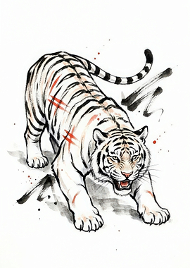 Sumi-e Style White Tiger Illustration