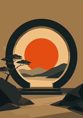 Minimalist Serene Moon Gate Landscape In Earth Tones