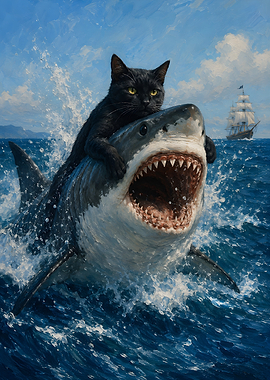 Black Cat Riding a Great White Shark