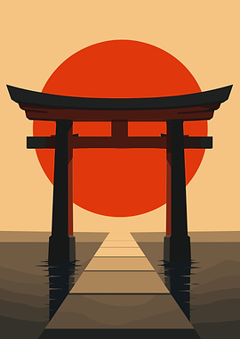 Minimalist Japanese Torii Gate at Sunset