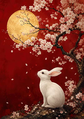 White Rabbit Under Cherry Blossom Moon
