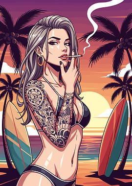 Tattooed Woman Smoking on Tropical Beach