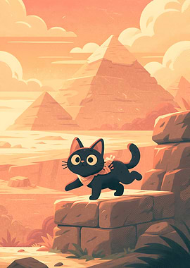 Cute Black Cat Exploring Ancient Pyramids