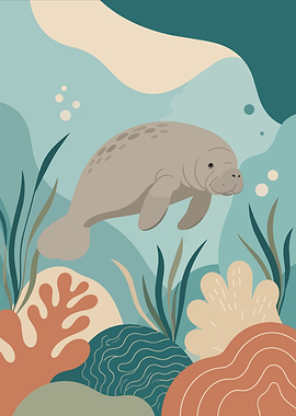 Minimalist Manatee Underwater Illustration Art