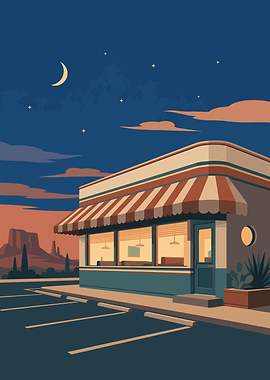Retro Desert American Diner at Night Minimalist Art