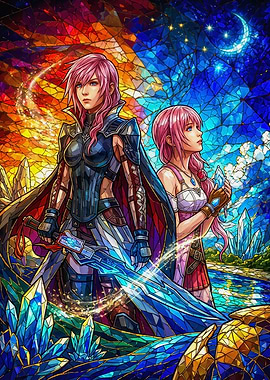 Lightning and Serah Stained Glass Art