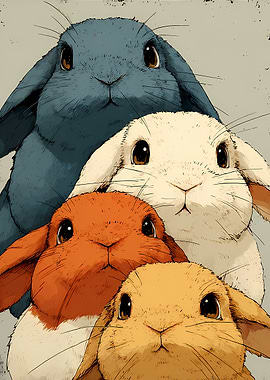 Four Colorful Rabbits Portrait Vintage