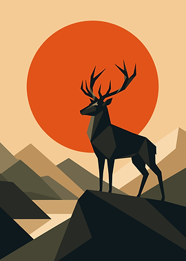 Geometric Stag in Mountain Landscape