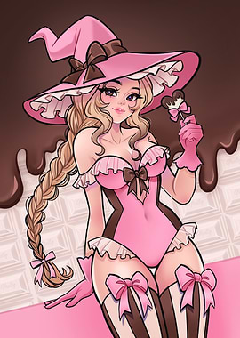 Pink Chocolate Witch Anime Illustration