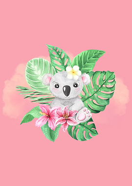 Cute Koala with Tropical Flowers