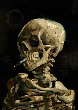 Van Gogh Skull with Cigarette Smoking Painting