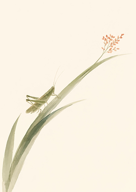 Watercolor Grasshopper on Tall Grass