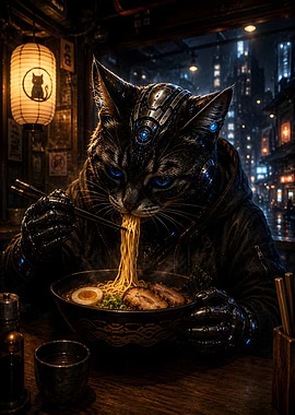 Cybernetic Cat Eating Ramen