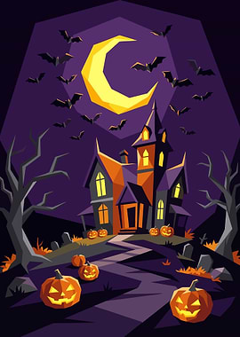 Moonlit Haunted Manor – Minimalist Halloween Wall Art