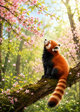 Red Panda in Cherry Blossom Tree