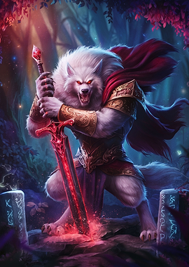 White Werewolf Warrior with Glowing Sword
