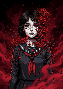 Cracked Porcelain Girl with Spider Lilies