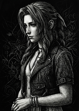 Aerith Gainsborough Scratchboard Style Portrait