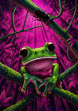 Vibrant Green Frog in Neon Jungle