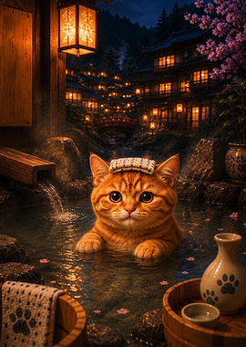 Cute Ginger Cat in Japanese Onsen