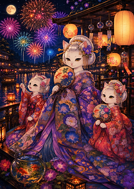 Cat Family in Kimonos Watching Fireworks