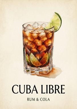Cuba Libre Cocktail Watercolor Poster