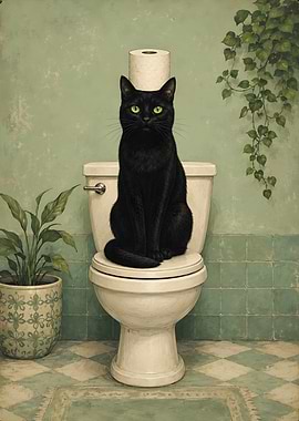Black Cat Sitting on Toilet