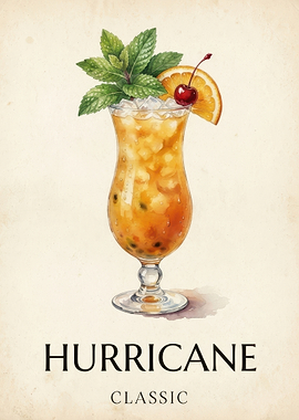 Classic Hurricane Cocktail Watercolor Poster