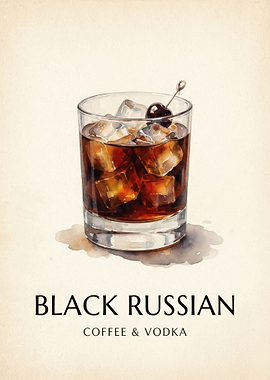 Black Russian Cocktail Watercolor Print