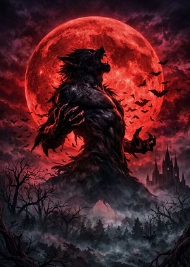 Werewolf Howling at Red Moon