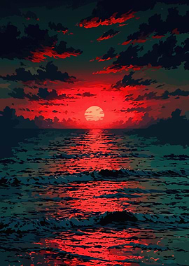 Vibrant Red Sunset Over Ocean