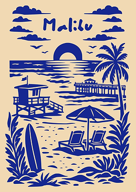 Malibu Beach Sunset Illustration