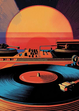 Retro DJ Turntables Sunset Illustration