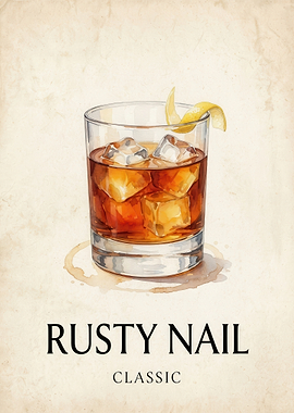 Rusty Nail Cocktail Watercolor Poster