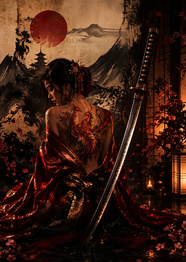Woman with Phoenix Tattoo and Katana