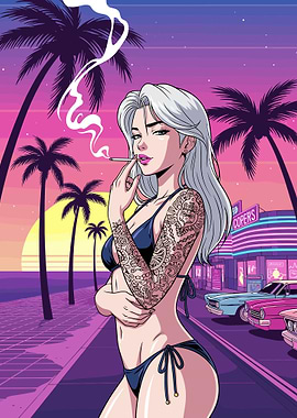 Retro Synthwave Girl with Tattoos