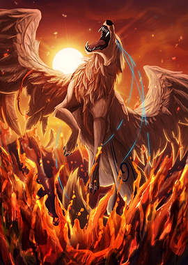 Winged Wolf Howling in Fire
