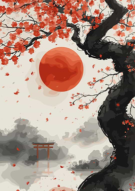 Japanese Torii Gate and Cherry Blossom