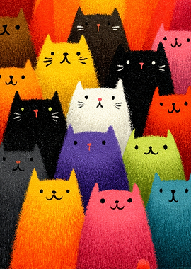 Colorful Crowd of Whimsical Cats